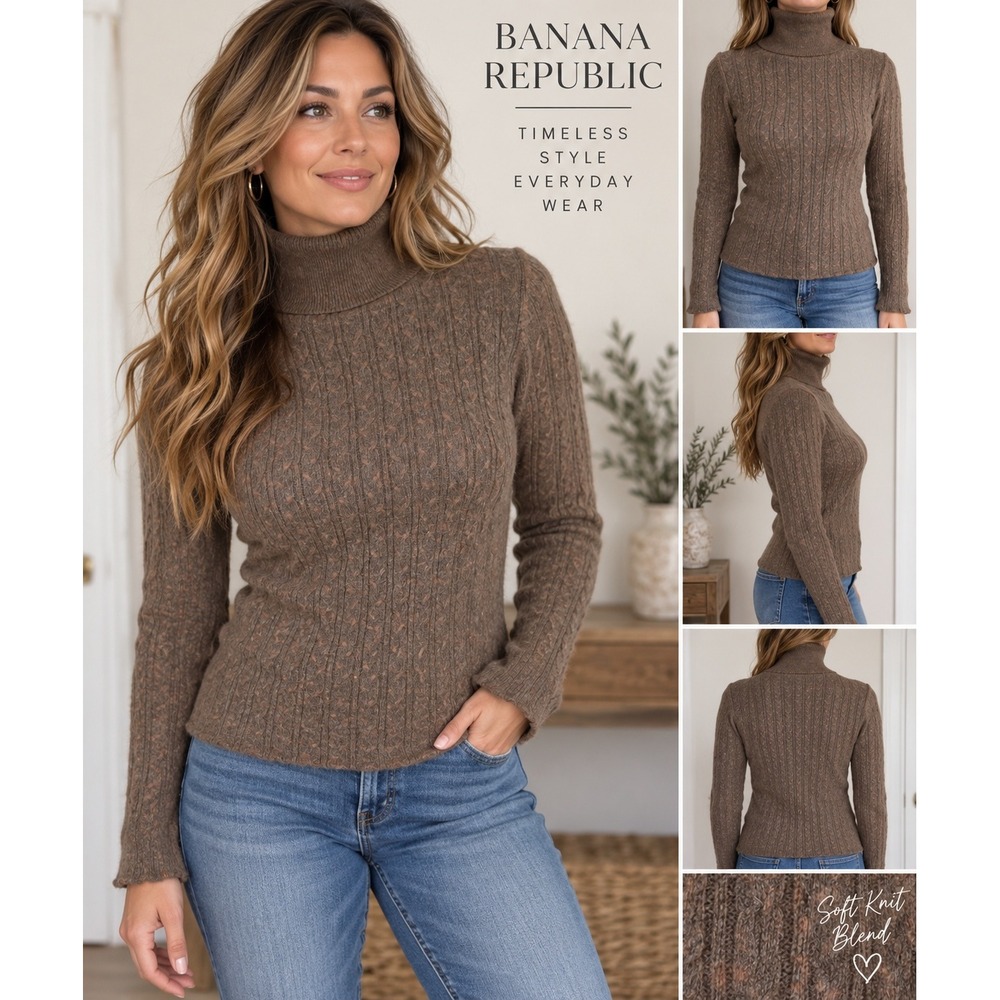 Banana Republic Turtleneck Sweater Brown Cable Knit Cotton Angora Classic Medium